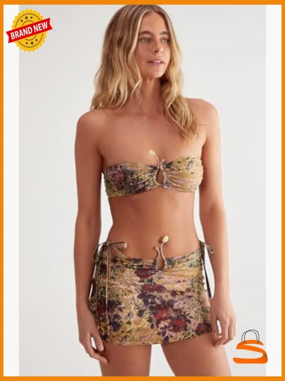 Floral Animal Print Bandeau Bikini Set, Size 4, Polyester Blend